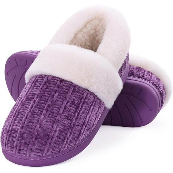⚡Women's Purple Fuzzy Memory Foam Slippers Closed Back Knit Slip-On House Shoes - Picture 1 of 6